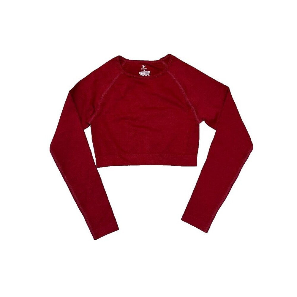 Red Seamless Long Sleeve Crop Top Athletic Gym Workout Yoga Stretch Shirt
